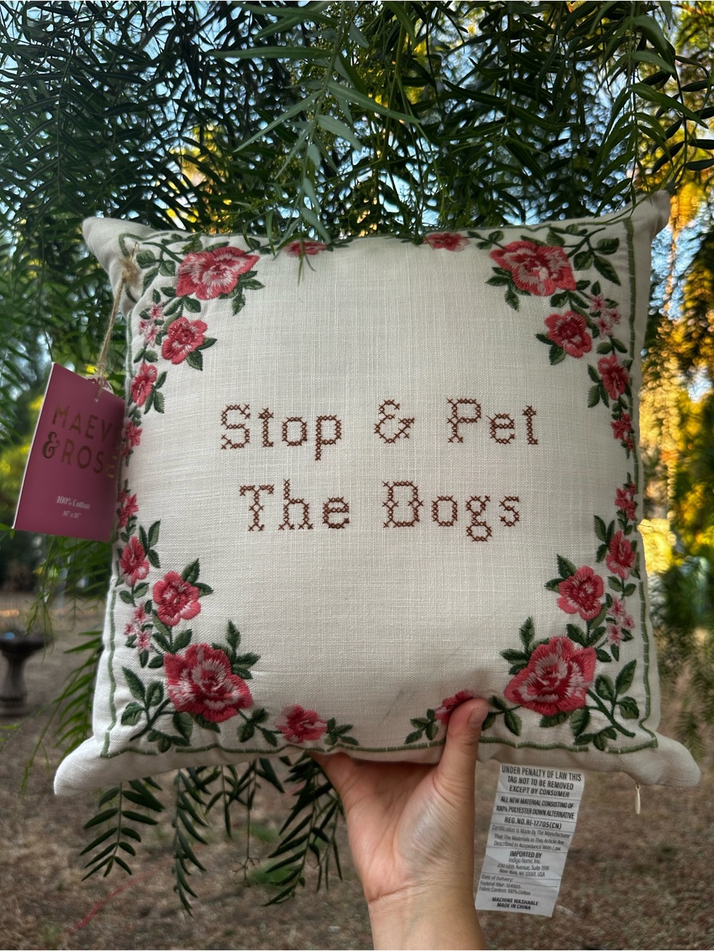 Stop & Pet The Dogs Floral Embroidered Decorative Pillow - Maeve & Rose NWT